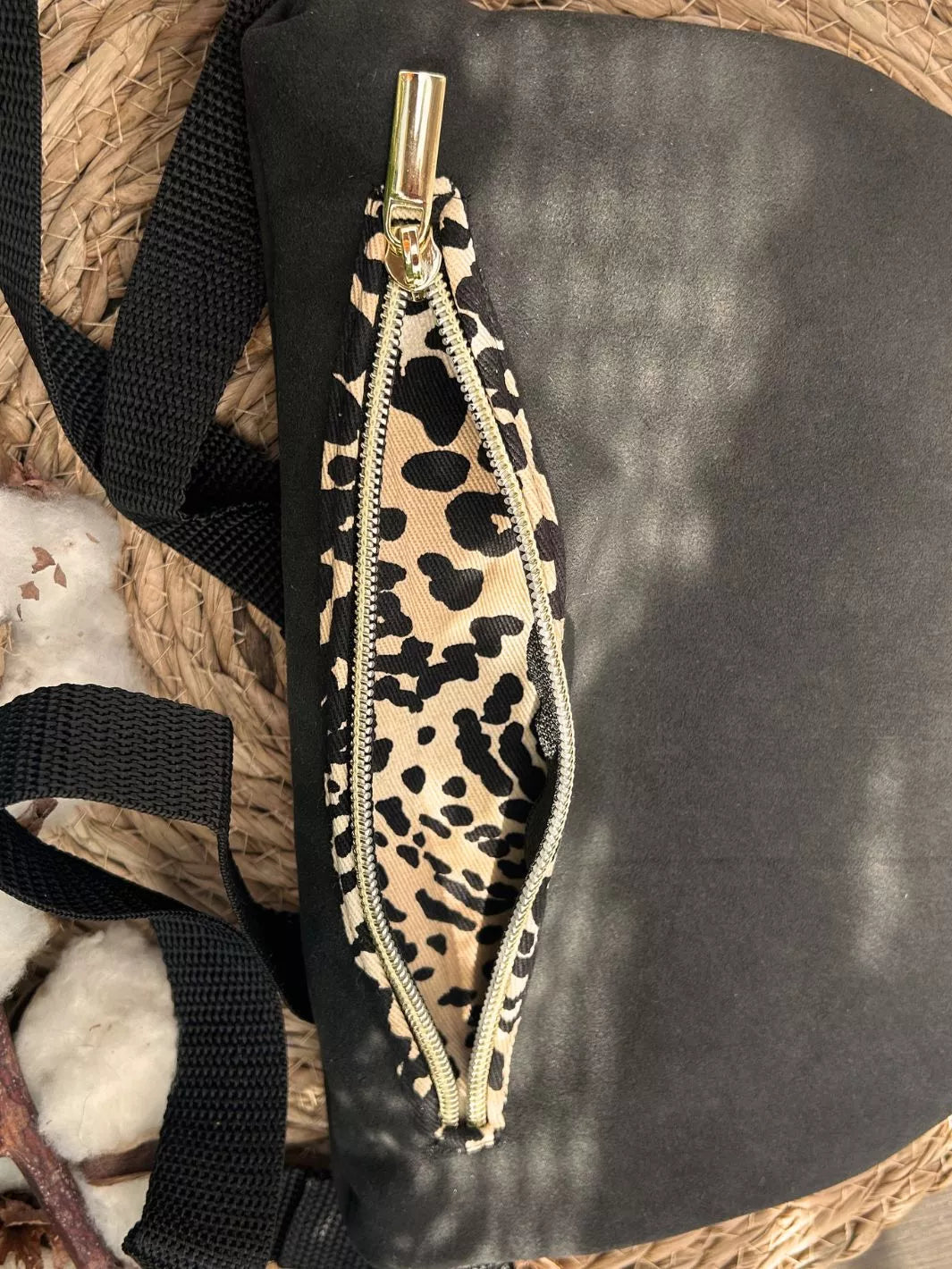 Savana Soul handmade women's crossbody bag crafted in Alcantara and animal print cotton.