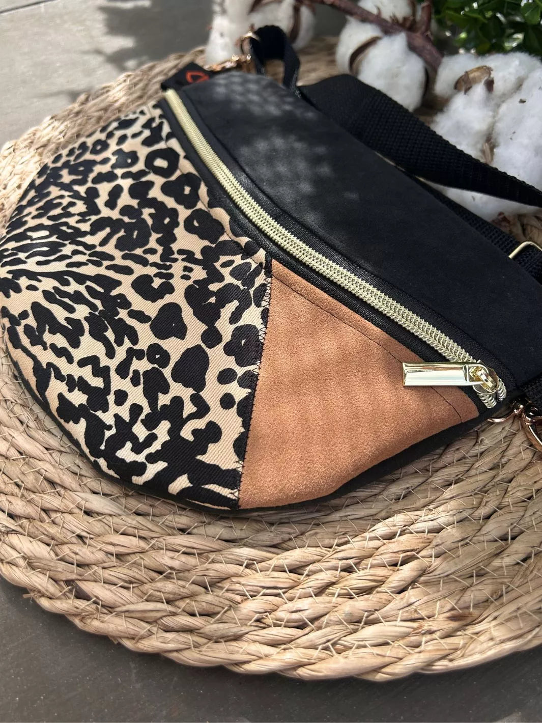 Savana Soul handmade women's crossbody bag crafted in Alcantara and animal print cotton.