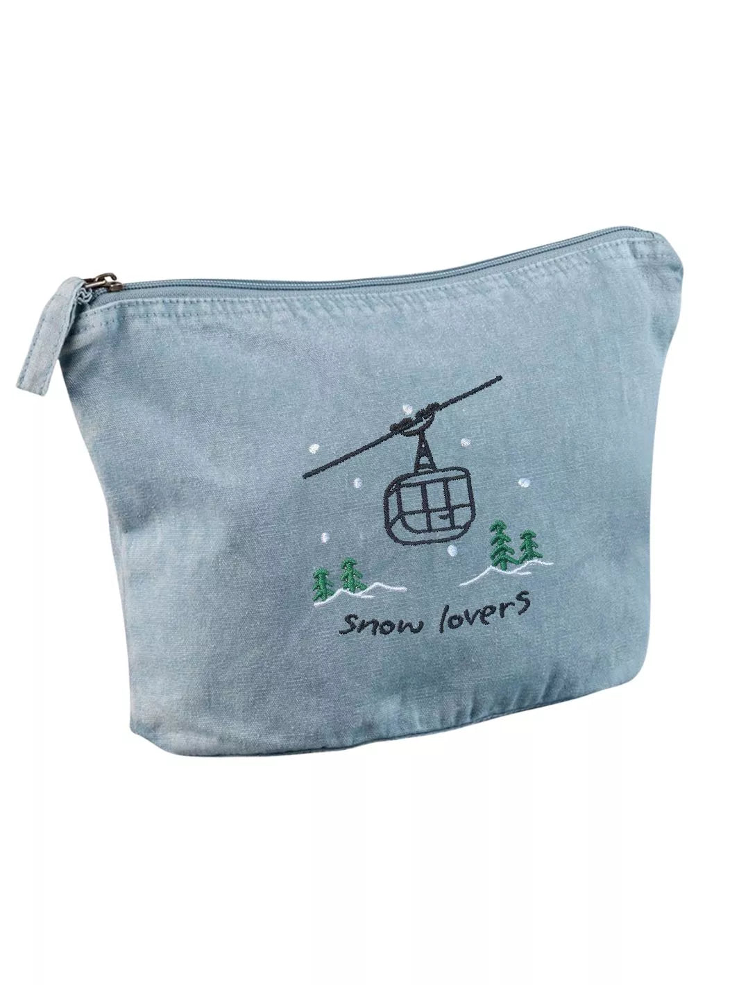 washed sky faded cotton travel pouch with embroidered cable car, pine trees, snow and Snow Lovers lettering