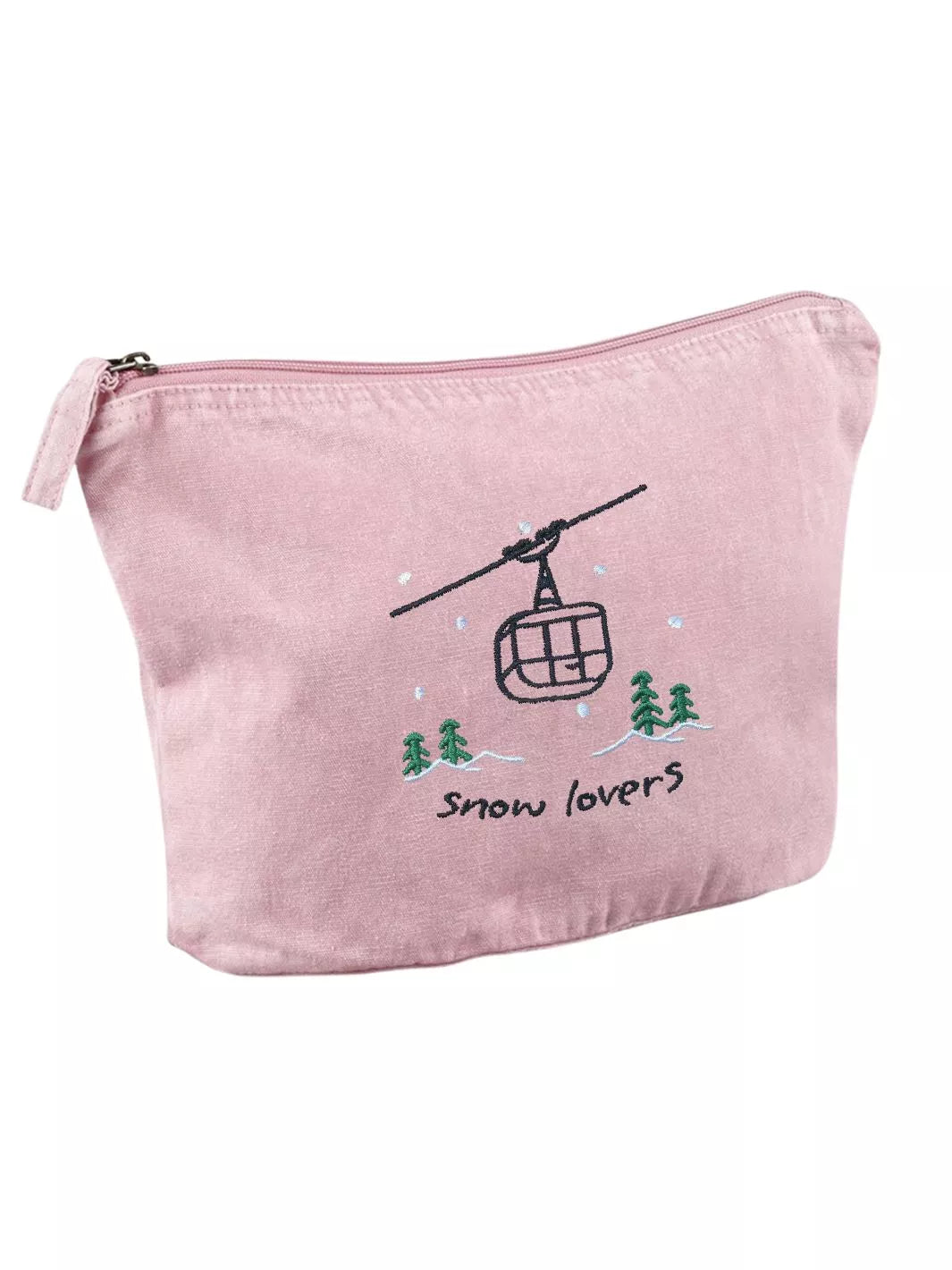 washed pink faded cotton travel pouch with embroidered cable car, pine trees, snow and Snow Lovers lettering