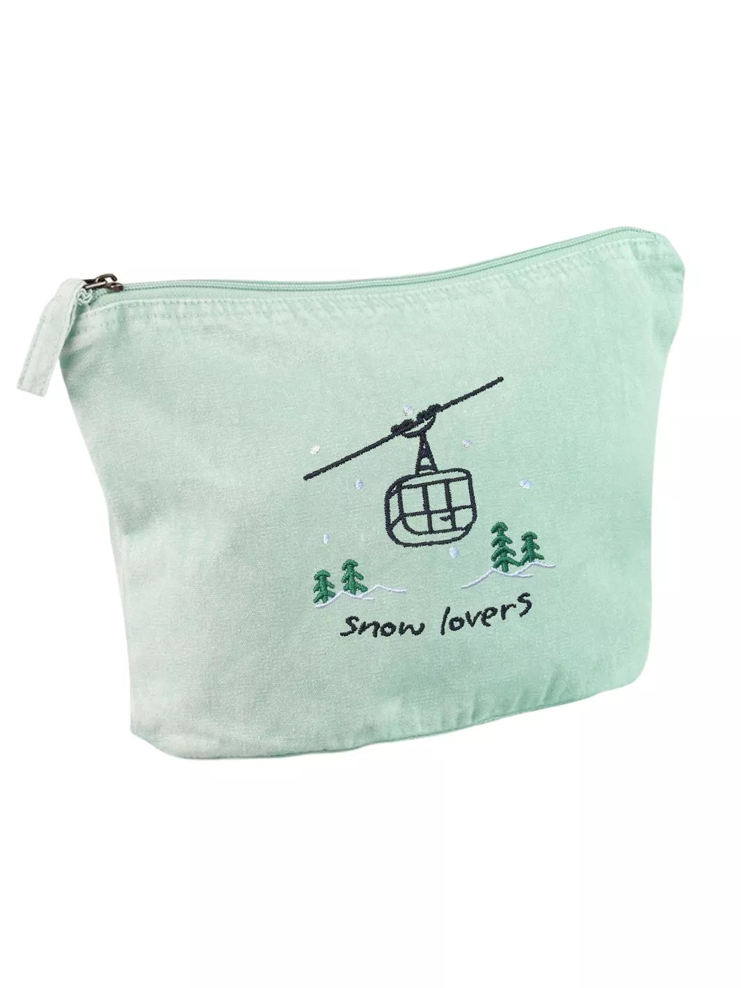 washed sage faded cotton travel pouch with embroidered cable car, pine trees, snow and Snow Lovers lettering