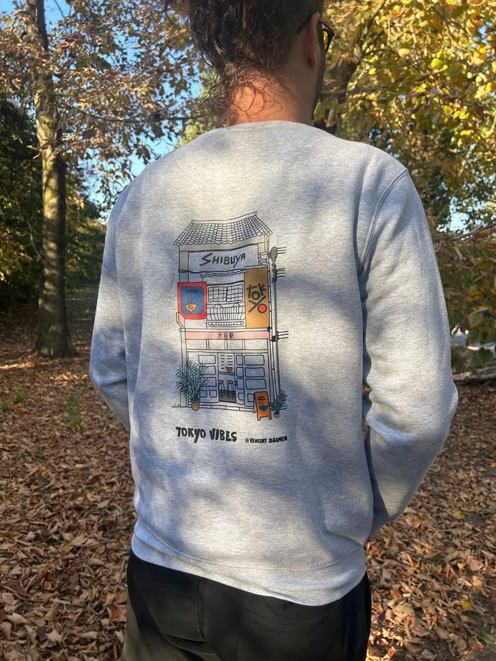 tokyo shibuya embroidered patch melange light grey sweatshirt
