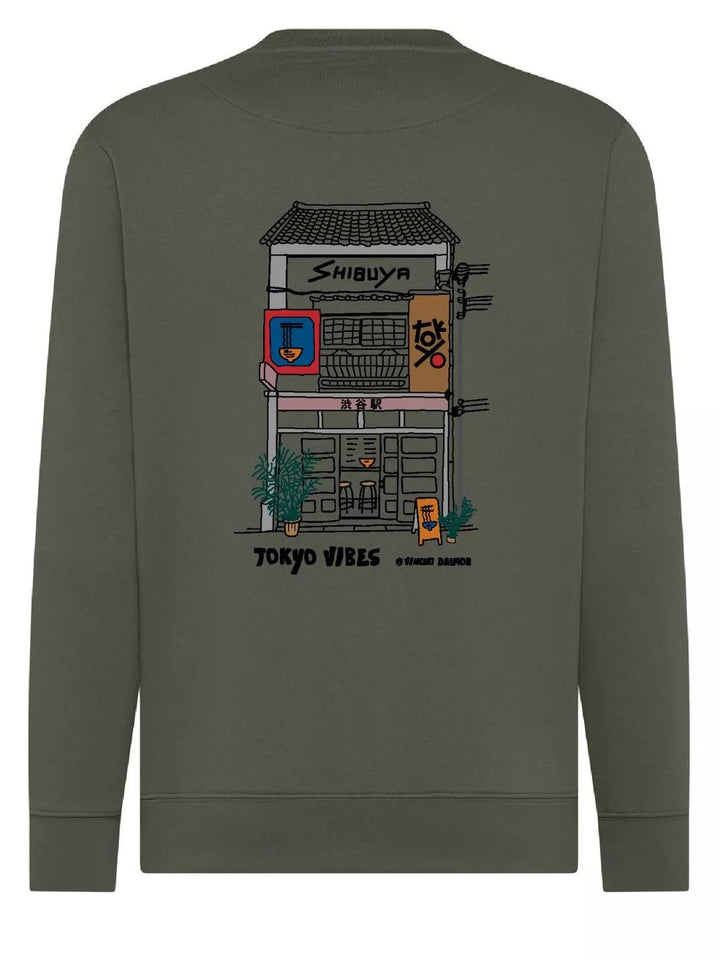 tokyo shibuya embroidered patch khaki sweatshirt