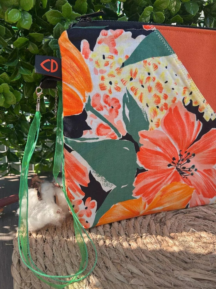 Tropical Ibiscus Alcantara and cotton handmade pouch