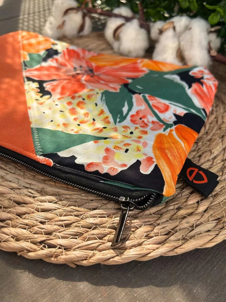 Tropical Ibiscus Alcantara and cotton handmade pouch