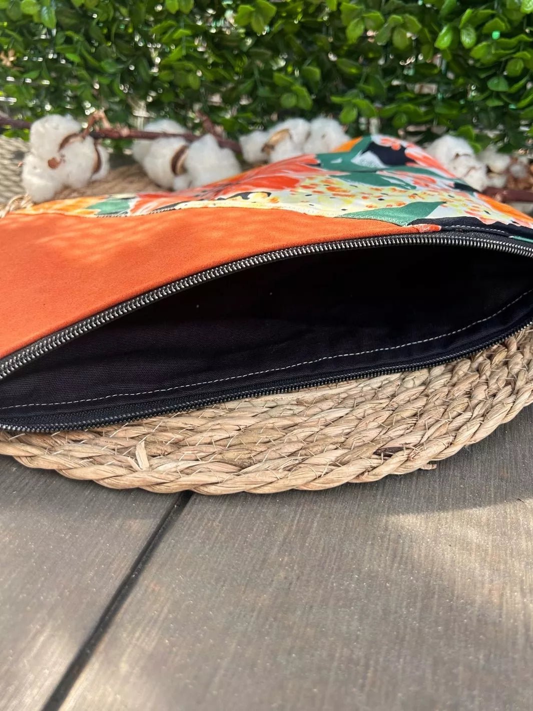Tropical Ibiscus Alcantara and cotton handmade pouch