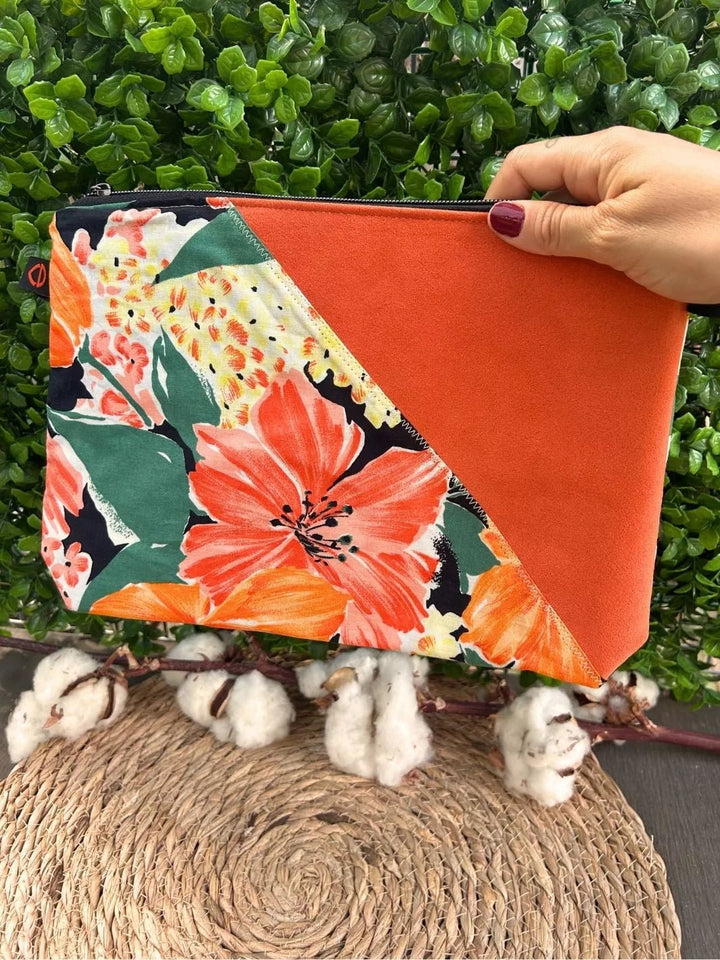 Tropical Ibiscus Alcantara and cotton handmade pouch