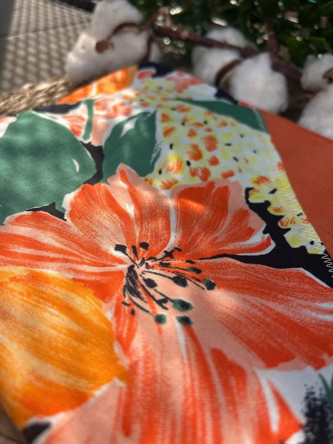 Tropical Ibiscus Alcantara and cotton handmade pouch