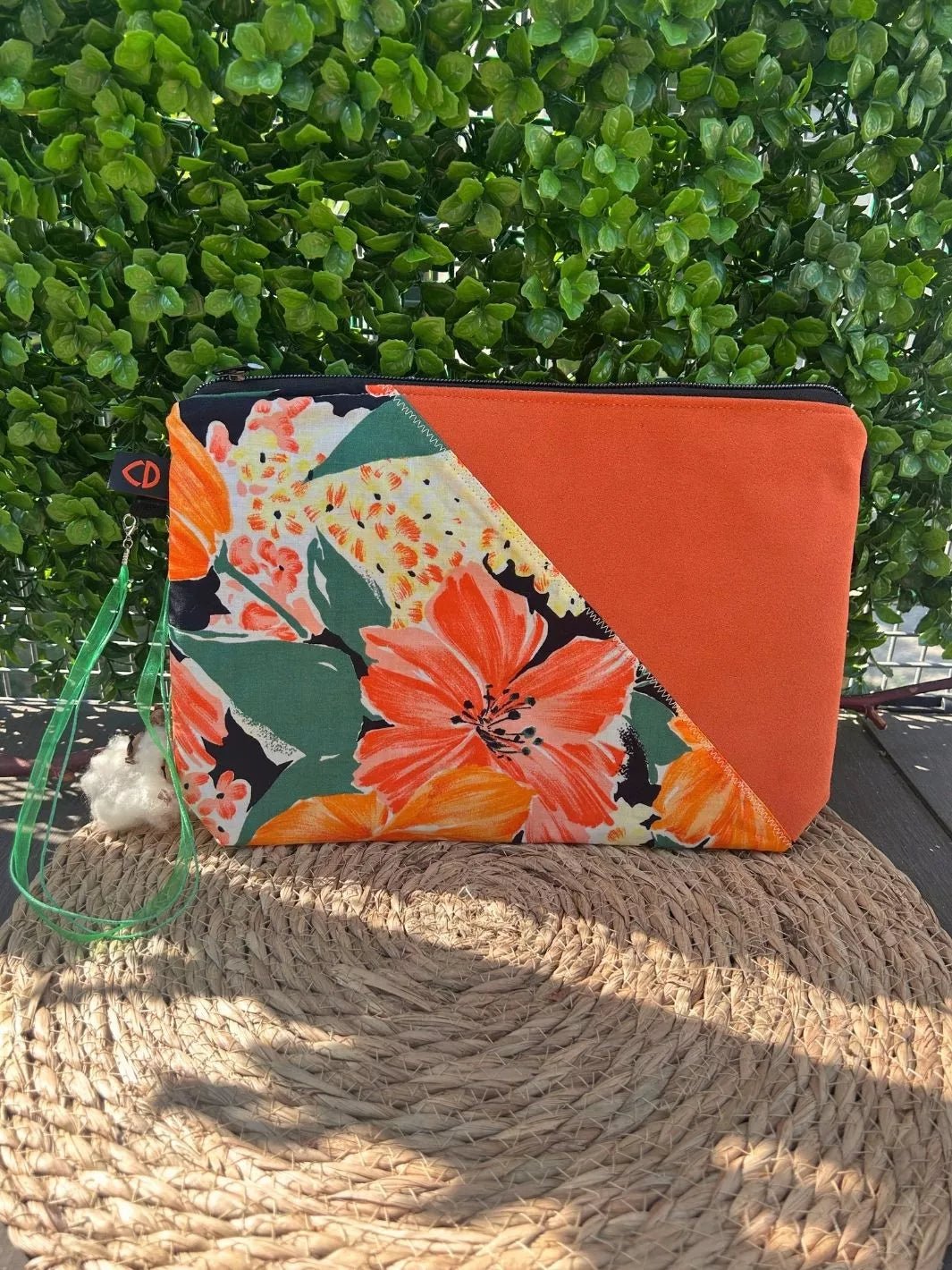 Tropical Ibiscus Alcantara and cotton handmade pouch