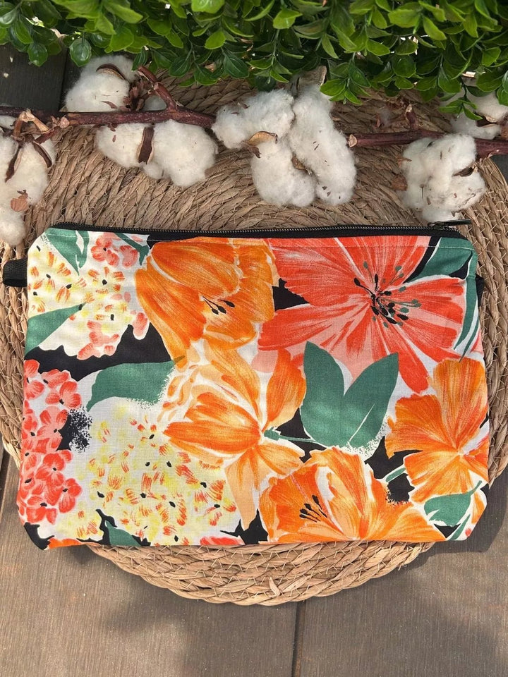 Tropical Ibiscus Alcantara and cotton handmade pouch