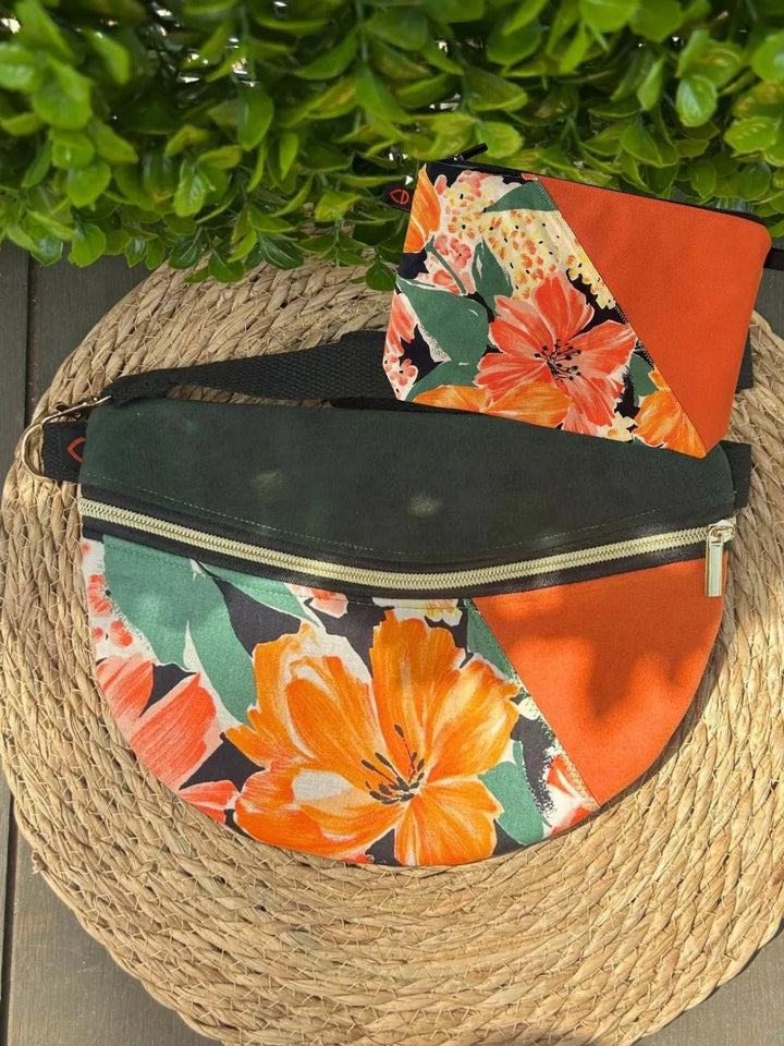 Tropical Ibiscus pouch and matching Alcantara crossbody bag