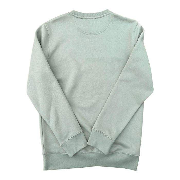 Eco-sustainable almond green sweatshirt with embroidery along the seams of the collar and right wrist