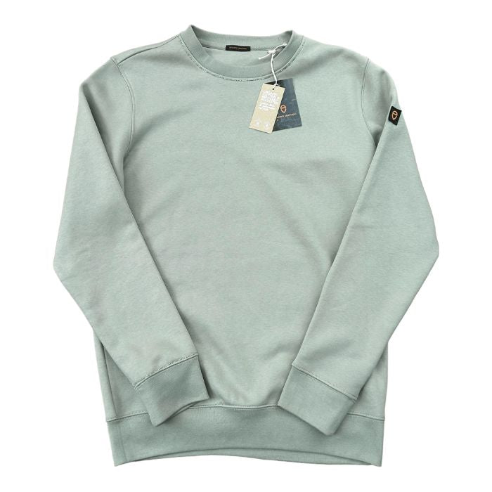 Eco-sustainable almond green sweatshirt with embroidery along the seams of the collar and right wrist