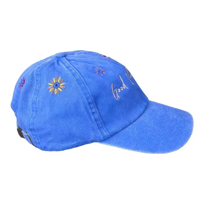 vintage light blue washed out baseball cap embroidered good vibes only