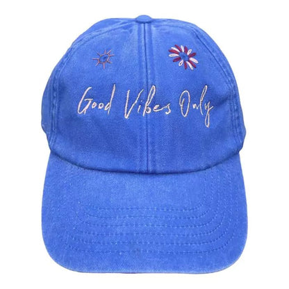 vintage light blue washed out baseball cap embroidered good vibes only