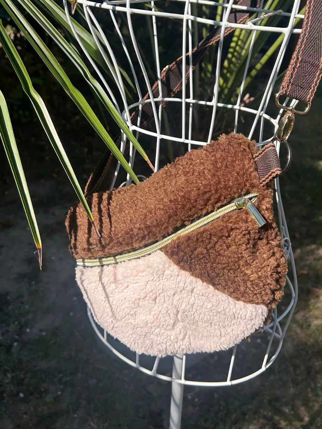 white and brown teddy handmade belt bag