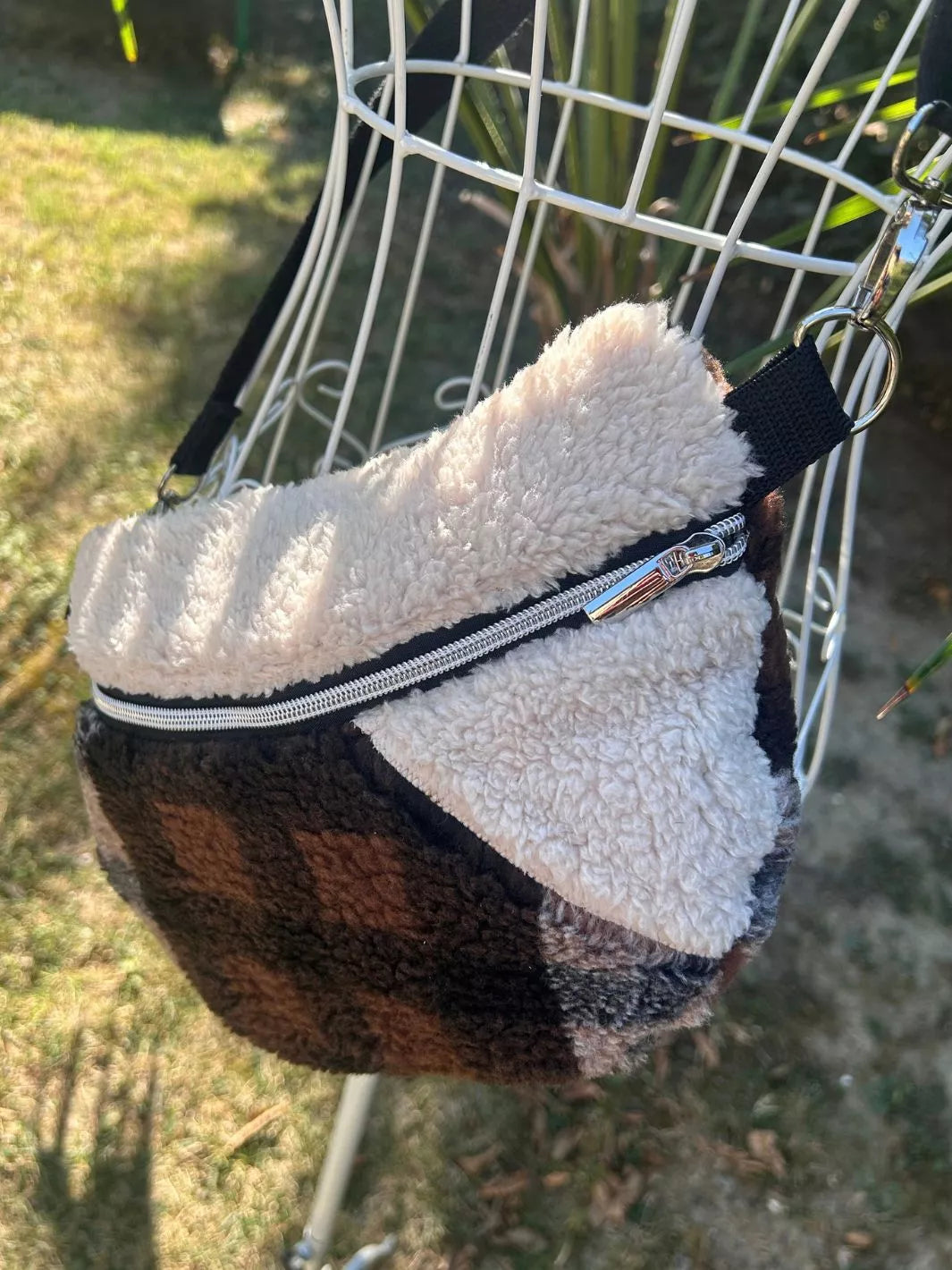 white and tartan teddy handmade belt bag