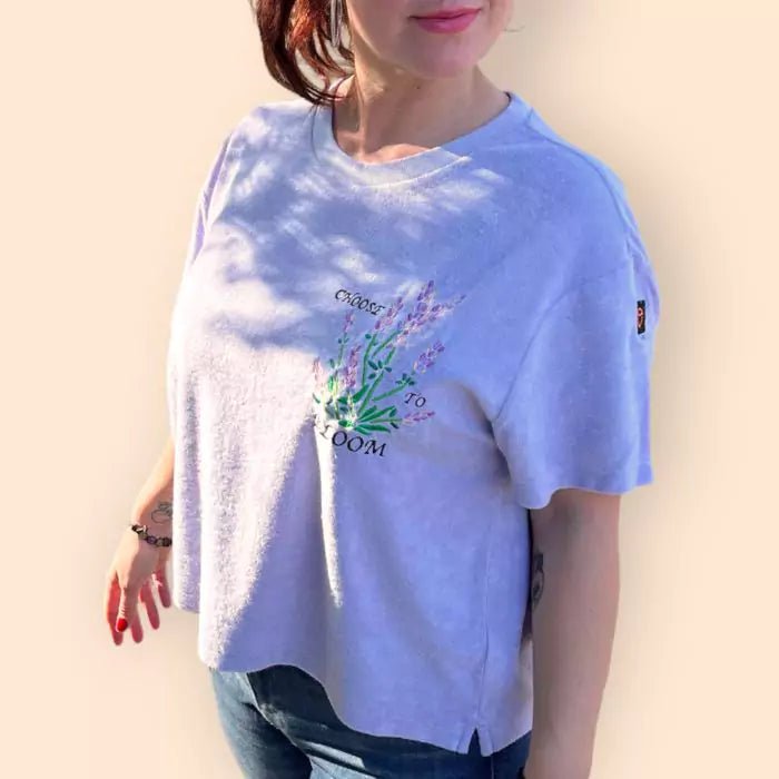 eco-friendly oversized terry t-shirt with lavender embroidery