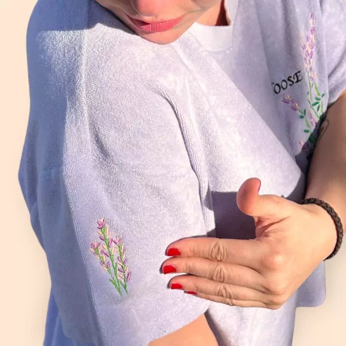 eco-friendly oversized terry t-shirt with lavender embroidery