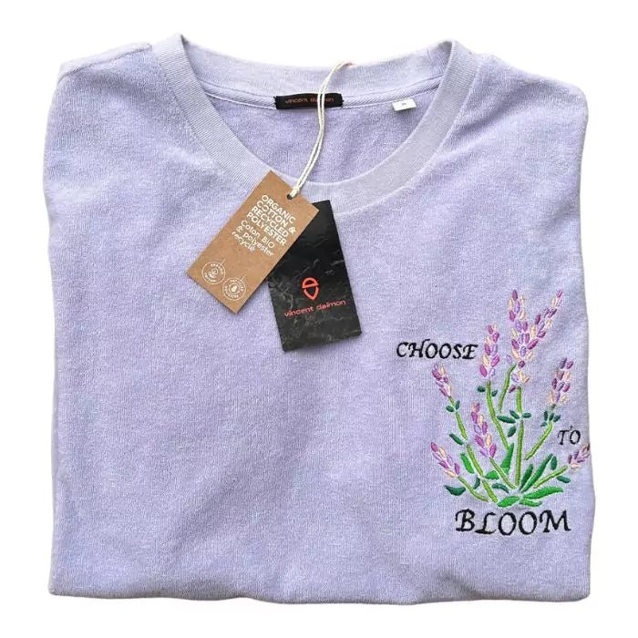 eco-friendly oversized terry t-shirt with lavender embroidery