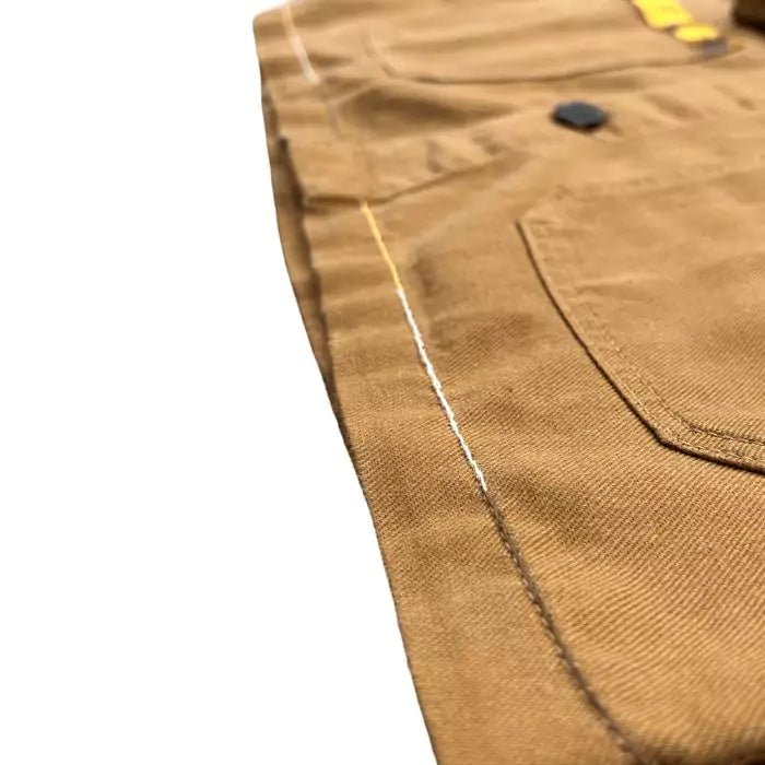 Embroidered brown organic cotton and linen jacket with stitched fabric on breast pocket and inside collar