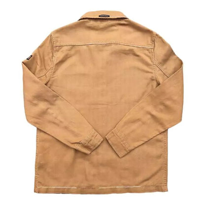 Embroidered brown organic cotton and linen jacket with stitched fabric on breast pocket and inside collar