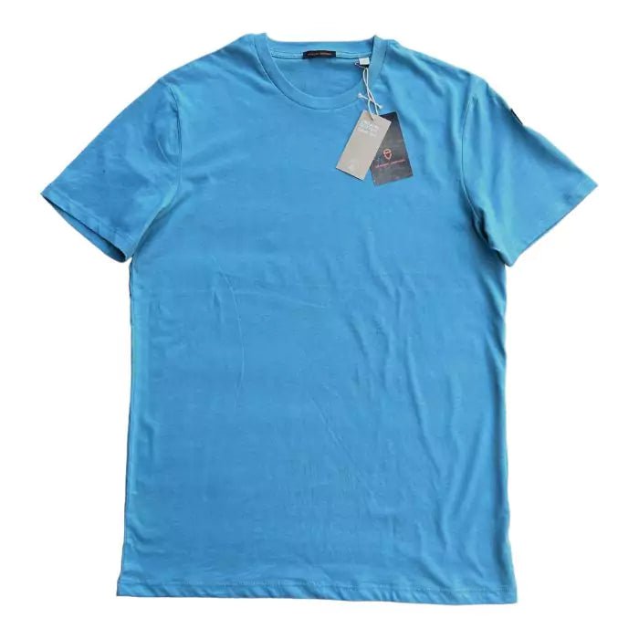 Adriatic blue organic cotton t-shirt with logo embroidered on the sleeve