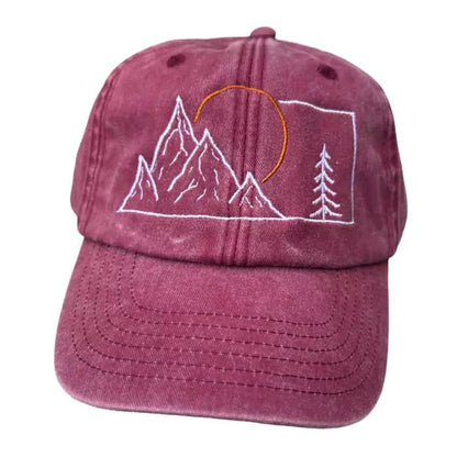 vintage baseball cap red embroidered with mountains