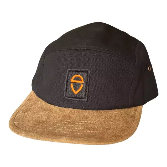 black snapback and with sand-colored visor with sewn patch with embroidered logo