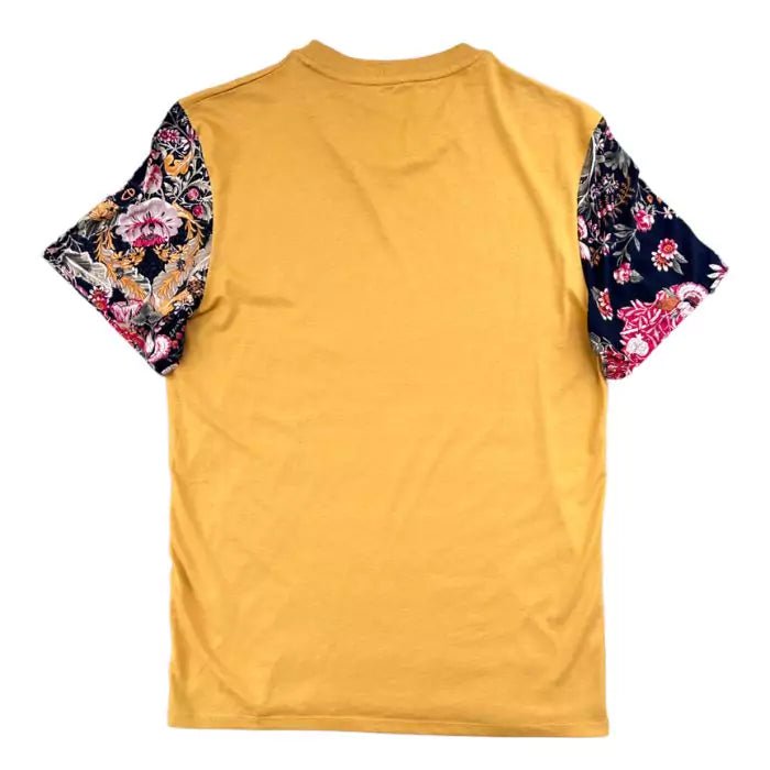 Turmeric colored boho t-shirt in organic cotton with sewn sleeves with floral motif and embroidery on the collar