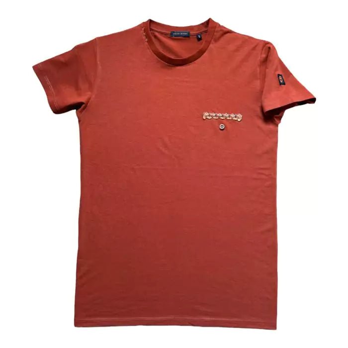 Terracotta boho tshirt with pocket created from sewn trimmings and sewn button