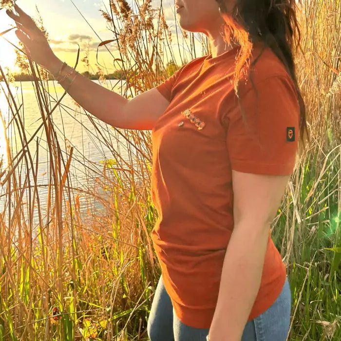 Terracotta boho tshirt with pocket created from sewn trimmings and sewn button