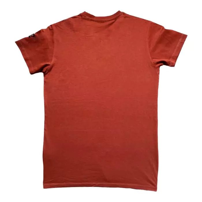 Terracotta boho tshirt with pocket created from sewn trimmings and sewn button