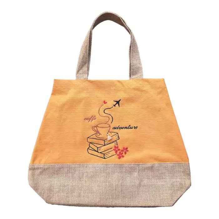 natural fabrics shopper bag in caraway yellow cotton and classic jute embroidered coffe adventure