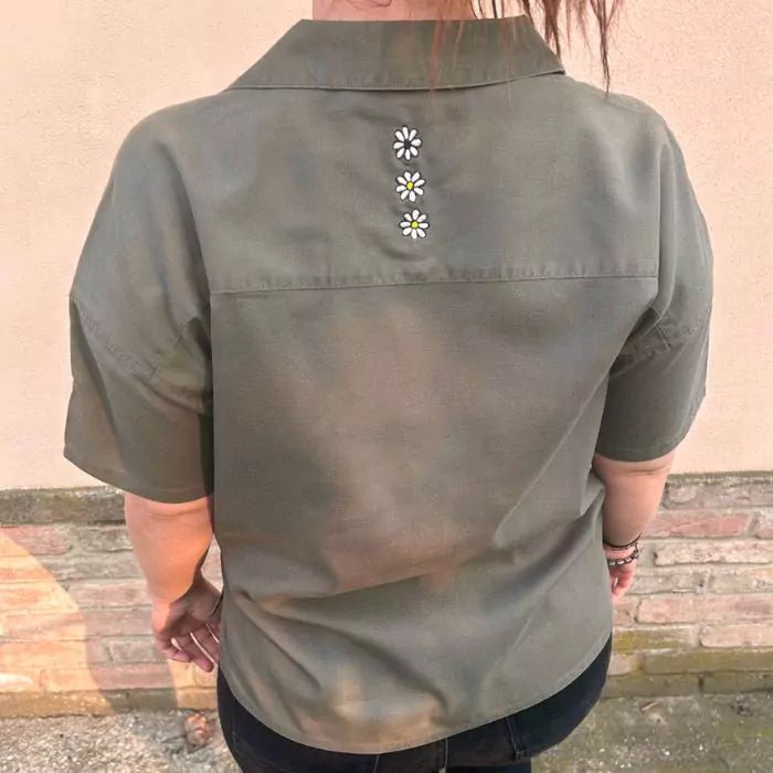 oversized khaki eco-friendly embroidered women's shirt