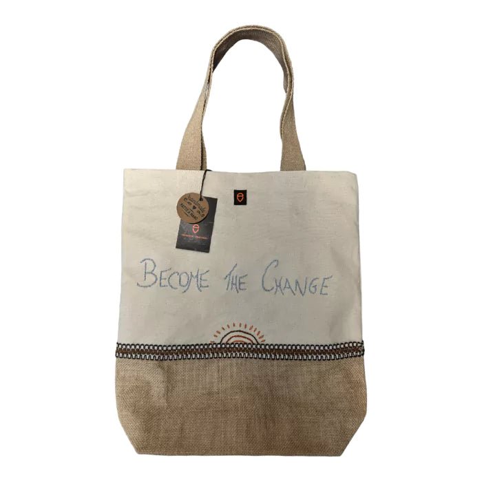 shopper bag in white cotton and jute embroidered with decorative trimmings