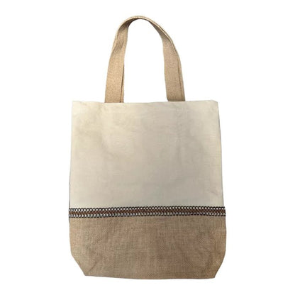 shopper bag in white cotton and jute embroidered with decorative trimmings