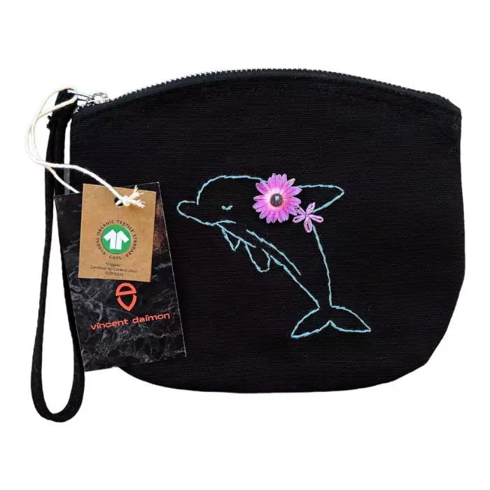 Black organic cotton clutch bag embroidered with a dolphin and flowers on the back