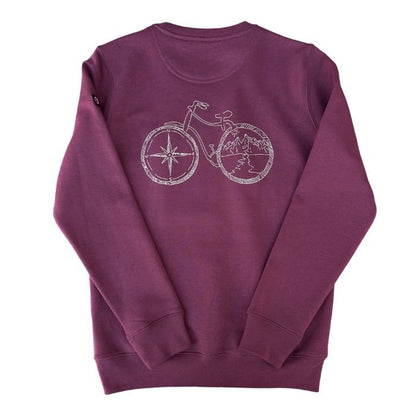 Eco-friendly sweatshirt in cherry red organic cotton and recycled polyester with a bike and mountains print
