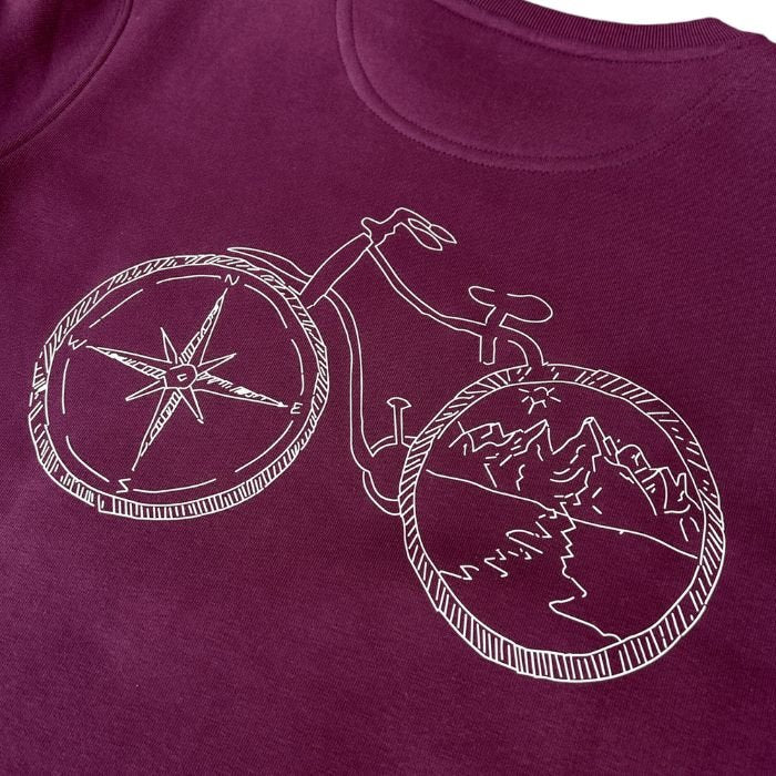 Eco-friendly sweatshirt in cherry red organic cotton and recycled polyester with a bike and mountains print