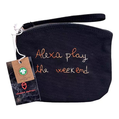 black organic cotton cottone pochette with embroidered "Alexa play the weekend"