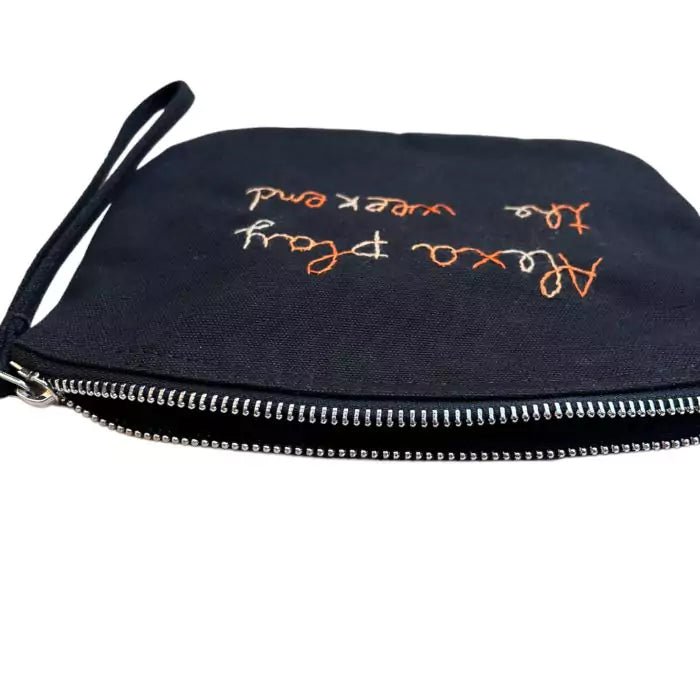 black organic cotton cottone pochette with embroidered "Alexa play the weekend"