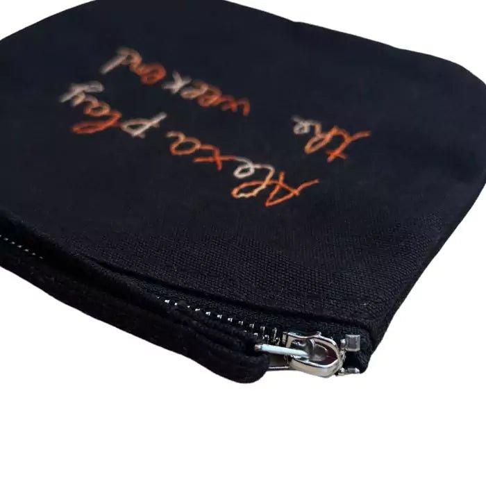 black organic cotton cottone pochette with embroidered "Alexa play the weekend"