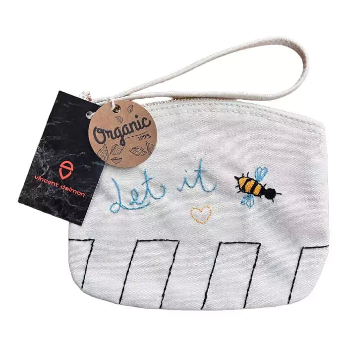 White clutch bag in organic cotton with let it bee by The Beatles embroidered on it
