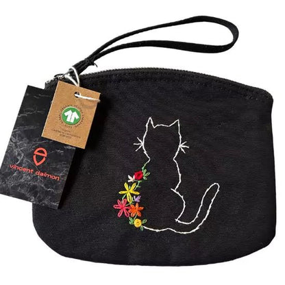 black organic cotton pochette with flowers and cat embroidered