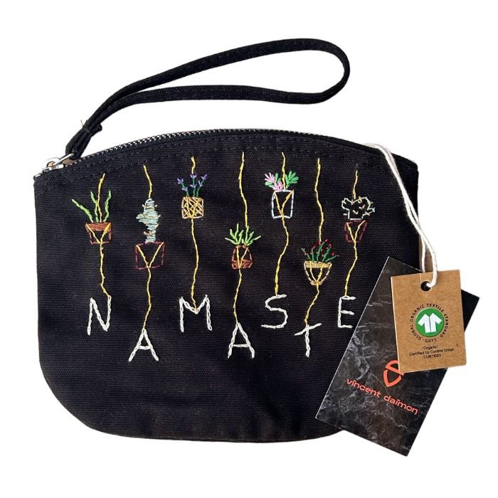 black hand-embroidered namaste clutch bag made of 100% organic cotton