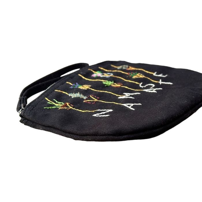 black hand-embroidered namaste clutch bag made of 100% organic cotton