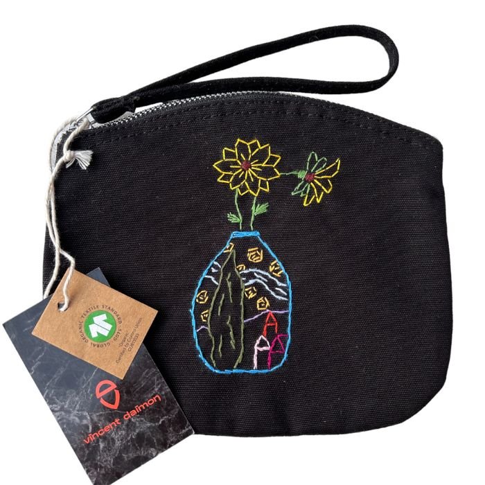Black organic cotton clutch bag with hand-embroidered van Gogh's vase with sunflowers