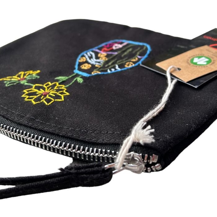 Black organic cotton clutch bag with hand-embroidered van Gogh's vase with sunflowers