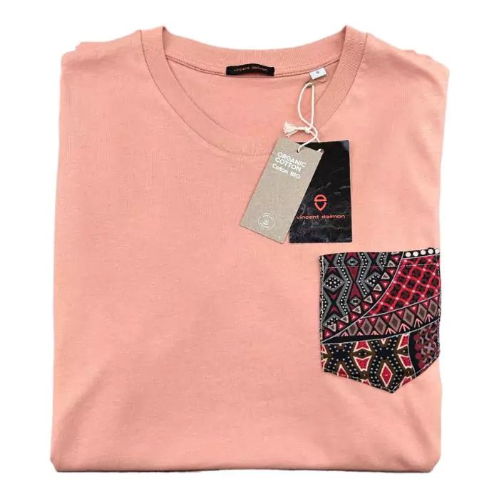 organic cotton peach t-shirt with stitched pocket having mosaic pattern